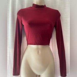 Size 2 cropped, deep-red long sleeve with turtle neck.